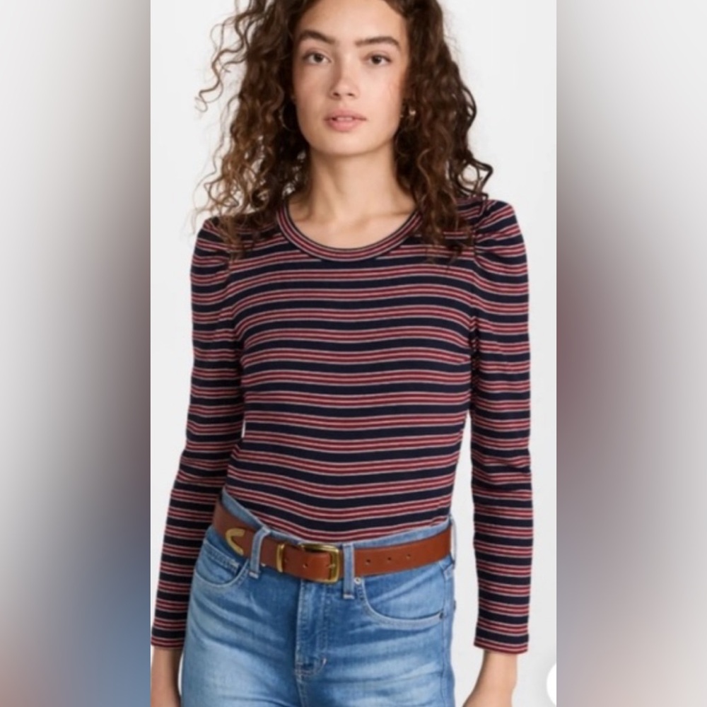 Veronica Beard Britney Puff-Sleeve Striped Top - Navy/Pomegranate - Size Medium